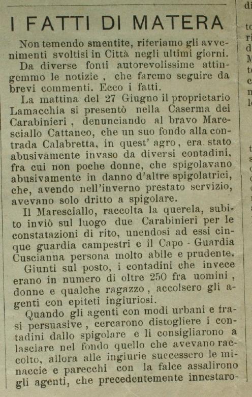 Il 1902 a Matera (L'Avvenire del 1.7.1902) 