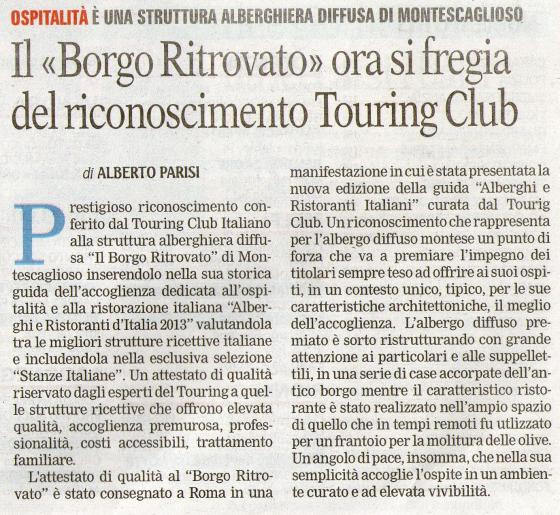 Ospitalità a Montescaglioso – Riconoscimento del Touring Club a “Il Borgo Ritrovato”
