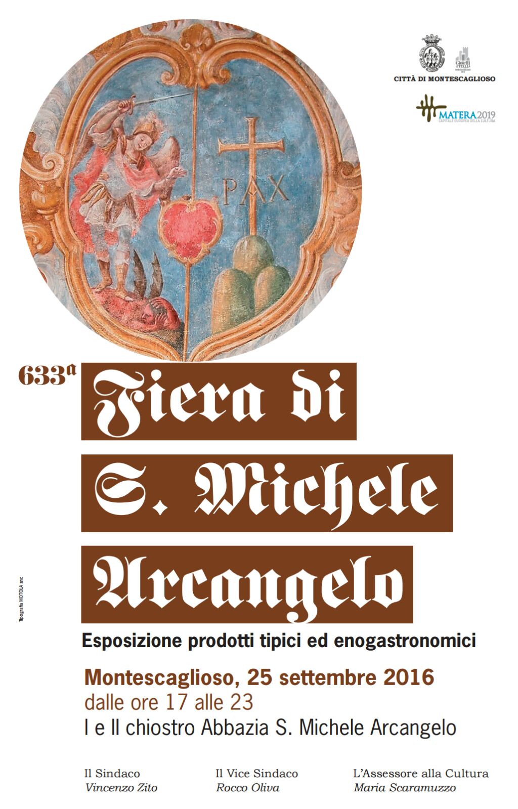 Nella giornata di domenica 25 settembre la Città di Montescaglioso ospiterà la Fiera di San Michele Arcangelo presso l’omonima Abbazia a partire dalle ore 19.00. L’idea nasce dal desiderio di riportare in vita un appuntamento storico dei monaci benedettini in occasione delle festività dedicate all’Arcangelo Michele; ad oggi questa rappresenterebbe la 663° edizione. L’amministrazione comunale, grazie all’importante sforzo degli assessori Oliva e Scaramuzzo, intende ripristinare l’antica manifestazione come occasione di promozione di tutto il comparto enogastronomico, valorizzando le produzioni tipiche del territorio.  L’iniziativa è volta a promuovere, rafforzare e consolidare l’offerta del sistema turistico-rurale stimolata da un’opinione pubblica sempre più sensibile alle tematiche dell’eco-sostenibilità e della diversità, a promuovere la conoscenza dei prodotti a qualità certificata, a promuovere l’accesso dei prodotti sul mercato internazionale e contribuire alla diffusione della cultura alimentare. La Fiera si svolgerà all’interno dei due Chiostri dell’Abbazia opportunamente allestiti con stand espositivi e banchetti per le degustazioni. Ogni espositore avrà a disposizione uno spazio dove potrà mettere in mostra i suoi prodotti ed organizzare in maniera autonoma le modalità di degustazione.  IL SINDACO Vincenzo ZITO 