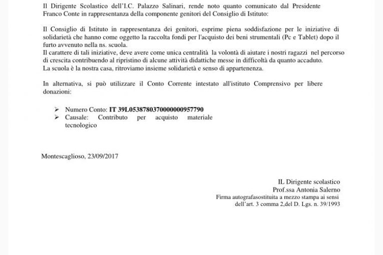 Comunicato  del consiglio di Istituto per Raccolta fondi Acquisto materiale Tecnologico