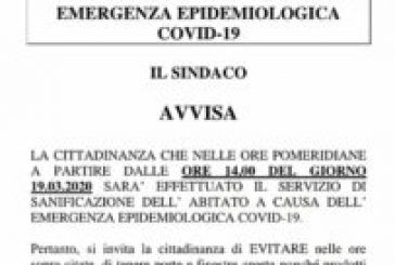 Avviso ai cittadini intervento di sanificazione emergenza epidemiologica Covid-19
